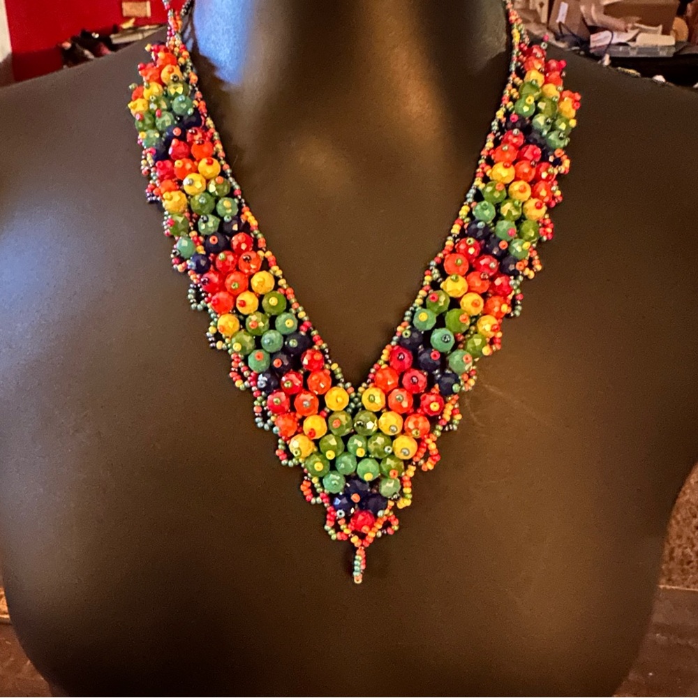 Multicolored Handmade Beaded Chaquira Necklace V-Shaped Statement Boho Choker